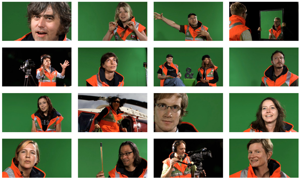 Figure 3.  Video Stills (from top left: Angus Leech, Britt Wray, Bulent Mutus,  David Dowhaniuk, Jeanette Groenendaal, Jamie Ferguson, Iain Baxter&  and Louise Chance Baxter&,  Grant Yocom, Kacie Auffret, Jennifer Willet, Kurt Illerbrun, Marie Pier Boucher, Marta De Menezes, Paul Vanouse, Zoot Derks, Tagny Duff)  BioARTCAMP: A Rocky Mountain Adventure in Art and Biology Video, Jeanette Groenendaal, Zoot Derks, and Jennifer Willet, July 2011