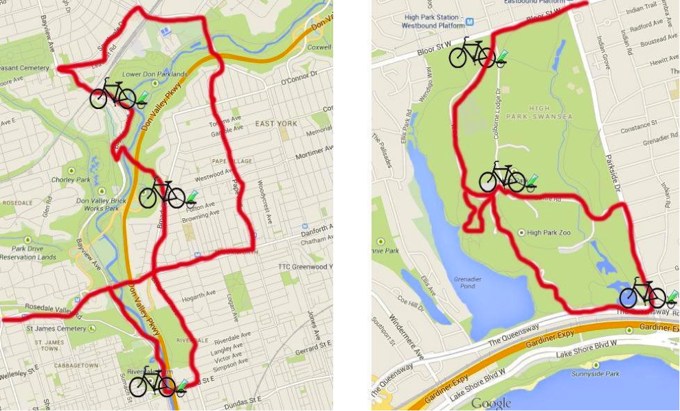 Figure 5: Biolab-on-Wheels park tour. The bike symbols indicate locations of interaction with the public. Left: Don Valley. Right: High Park .