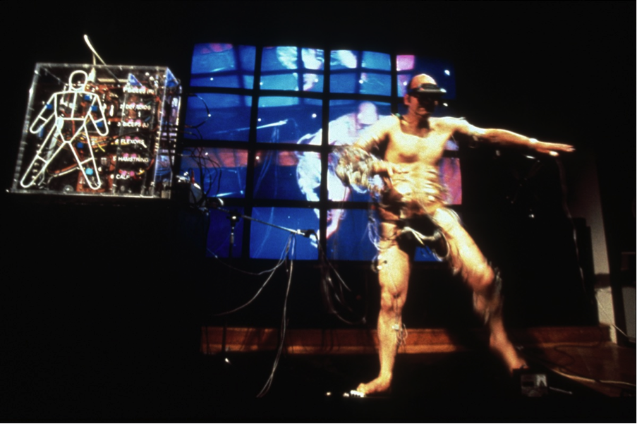 Fig. 6: Stelarc, Split Body: Voltage-In / Voltage-Out, 1995, Galeria Kapelica, Ljubljana. (photograph © 1995 Igor Andjelic)