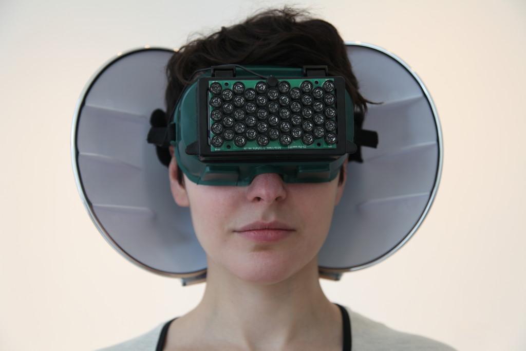 Fig. 1: Echolocation Headphones. User: Galina Rybatsky. Photo by Vivian Xu.