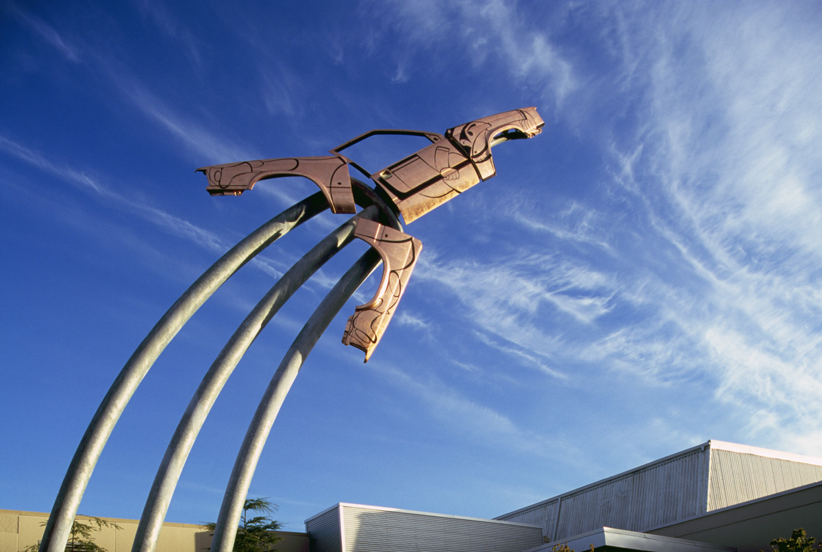 Haida Aboriginal Art, University of British Columbia (UBC), Vancouver, BC, British Columbia, Canada - Contemporary Sculpture entitled Take-Off aka Take Off (artist - Michael Nicoll Yahgulanaas) - made from Recycled Car Parts to resemble Mallard Duck taking Flight