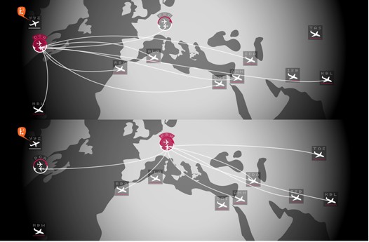 FIGURE 6: FLIGHT PATHS DEPART FROM WASHINGTON (TOP) OR FRANKFURT (BOTTOM) ACCORDING TO REAL-TIME FLIGHT DATA
