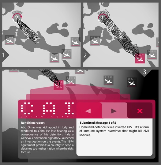 FIGURE 8: A USER-SENT MESSAGE ANIMATED ALONG A RENDITION FLIGHT PATH